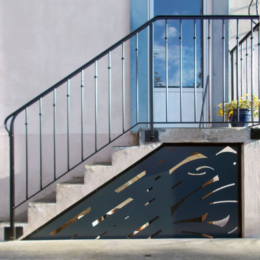 rampe d'escalier et tole décorative qui habillent un escalier extérieur 6 marches